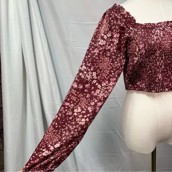 Altar’d State Vaella Smocked Floral Top in Burgundy Long Sleeve‎ Cropped medium - Image 4