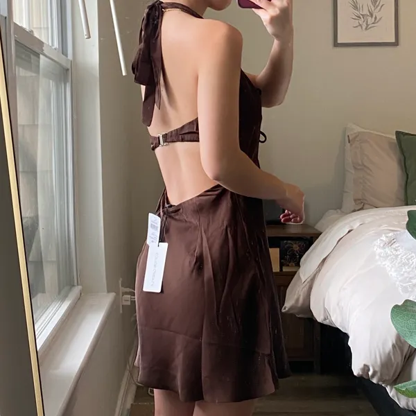 NEW Windsor Laced Up Luxe Satin Halter Mini Dress - Image 2