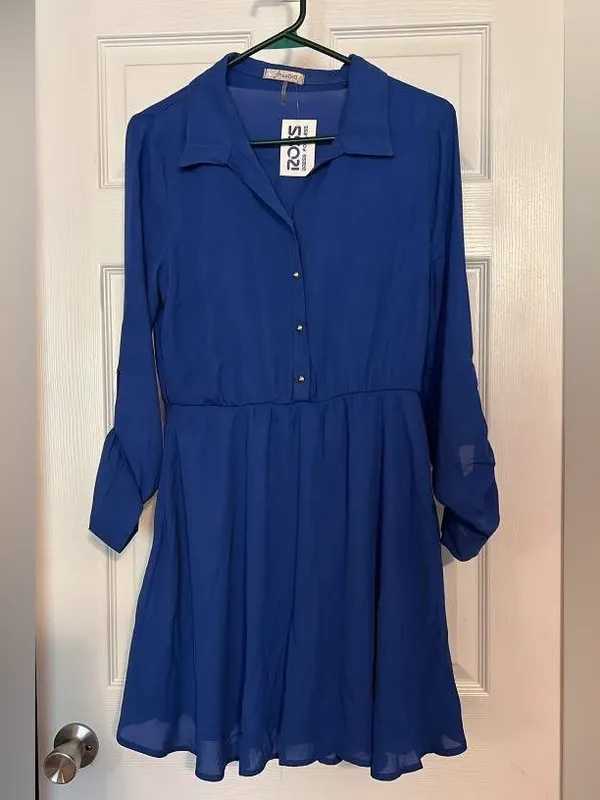 freebird Cobalt Blue Button-Front Mini Shirt Dress - Image 2