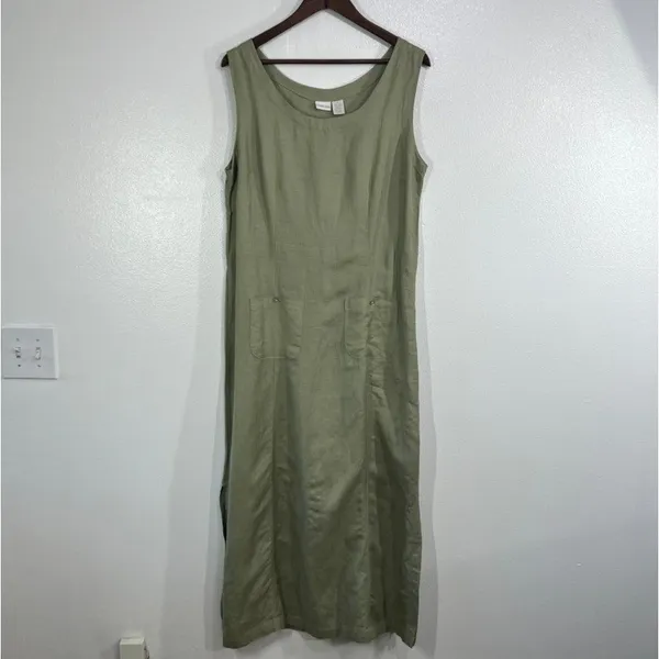 Cherokee Sage Green Linen Rayon Maxi Dress Tank Sleeveless Patch Pockets Large - Image 3