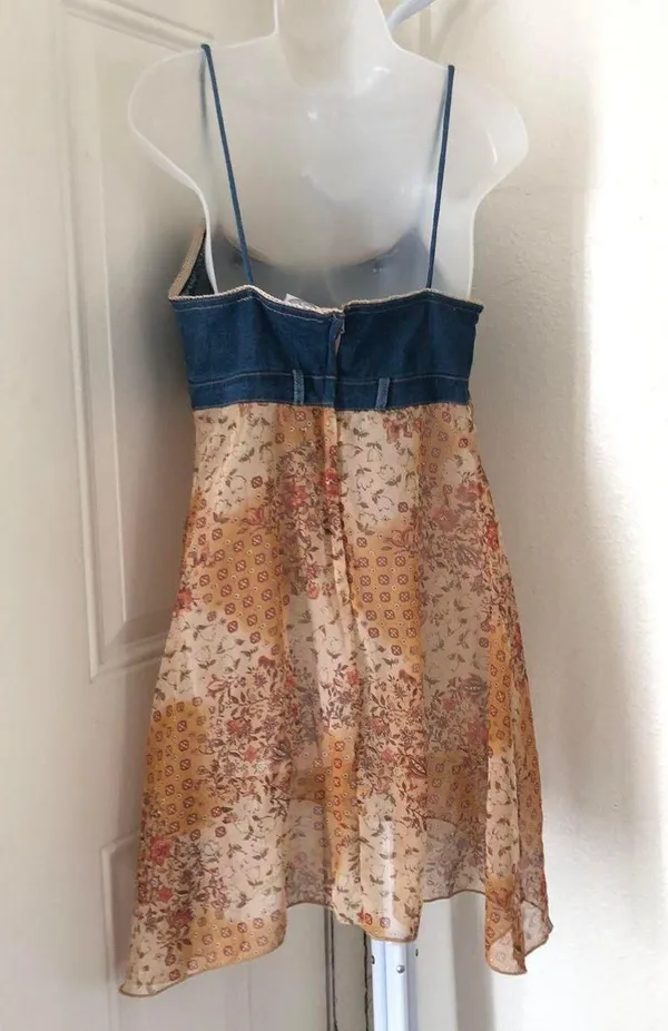 Carolina Blues 2000s Y2K boho hippie Tan navy blue jean denim patchwork midi dress with button front cami spaghetti strap #festival Size 8/M, measurements in pics - Image 3