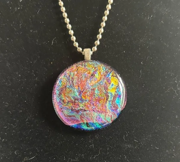 Preloved Long Silver tone ball Chain Necklace with Colorful Glass Pendant - Image 2