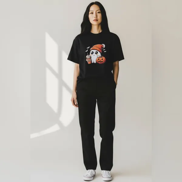 Pumpkin Boo Spice Black Short Sleeve Tee Shirt. Adorable Little Ghost & Pumpkins - Image 4