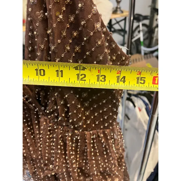 Chocolate Brown Sequin Tiered Ruffle Mini Dress V-Neck Adjustable‎ Straps - Image 5
