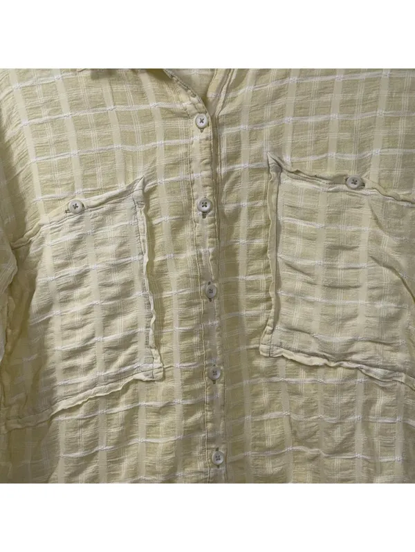 Free People Yellow Plaid Raw Hem Button Front Shirt Medium - Image 2