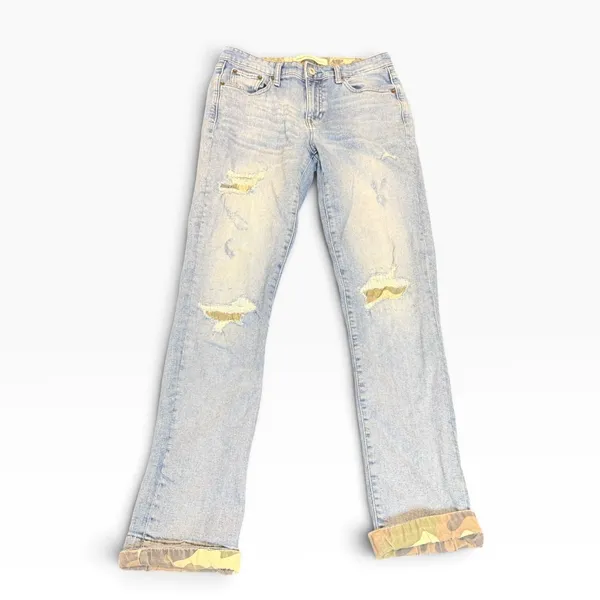 Gap 1969 Best Girlfriend Jeans 27T Light Wash Distressed Camo Trim Cuff cropped - Image 2