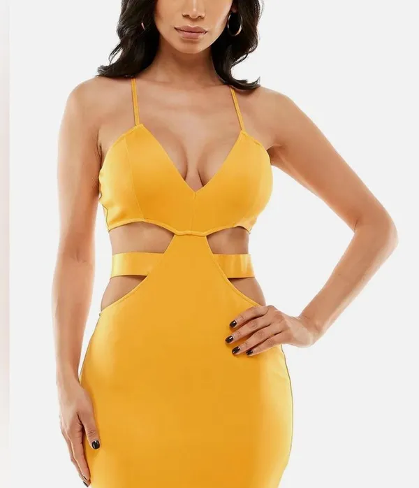 NWT BEBE Cutout Bodycon Dress in Amber/ YellowGold Juniors Size L New w/Tag - Image 8