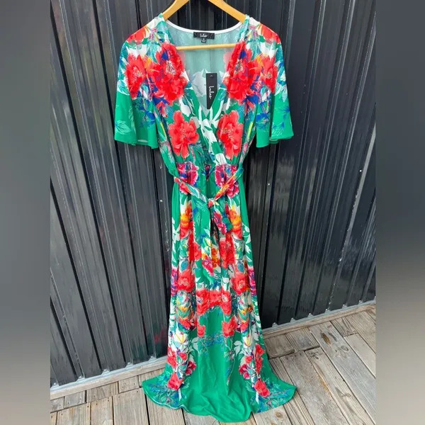 Lulus NWT Still in Paradise Floral Green Wrap Maxi Dress Medium Vacation Resort - Image 8