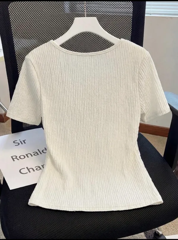 Women Tshirt soft cream square neckline with three black bow - Image 2