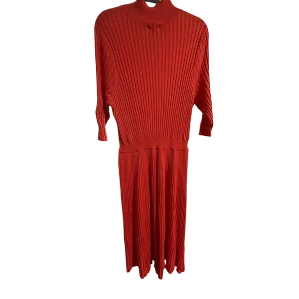 WHO WHAT WEAR Orange Ribbed Mock Neck‎ Elbow Sleeve Midi Sweater Dress - Image 3