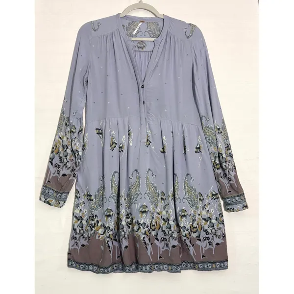 Free People Purple‎ Paisley Floral Boho Mini Dress Long Sleeve Babydoll Tunic XS - Image 2
