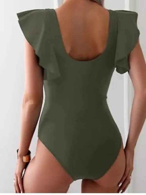 “B” Olive Green One-Piece Swimsuit w/ Crochet V-Neck & Flutter Sleeves | M (New) - Image 2