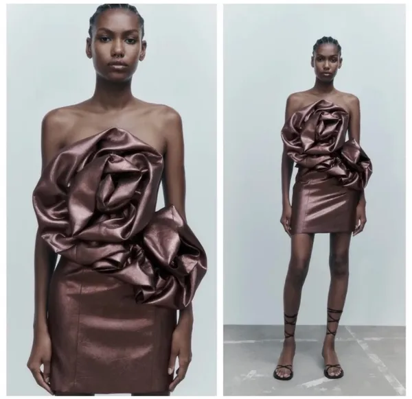 ZARA Voluminous Metallic Flower Mini Dress - Image 2