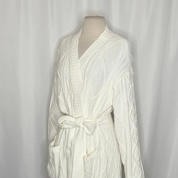 BEACH RIOT Rinna Chenille Robe Cream Cable Knit Belted Pockets X-Small Small - Image 7