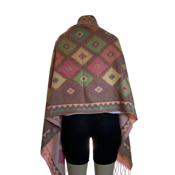 Mexican Artisan Reversible Woven Poncho Multicolor Geometric Boho Shawl Wrap - Image 4