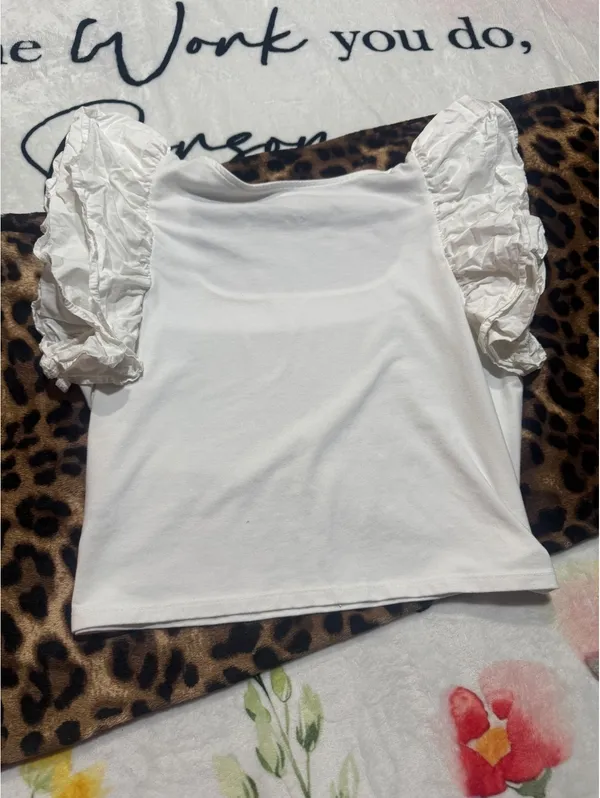 A New Day Women's Blouse, Size L, White, Square Neck, Layered Ruffle, Cropped - Image 3