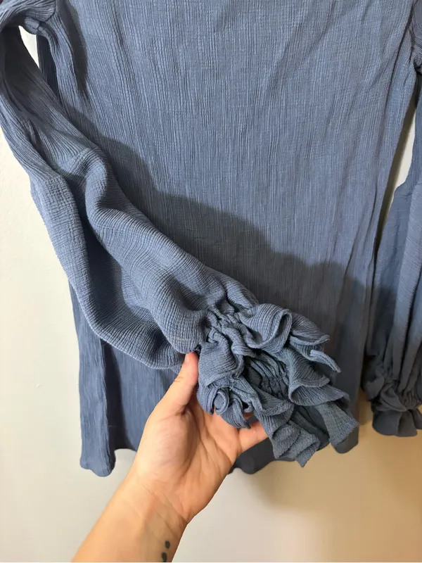 Cupio Slate Blue V-Neck‎ Textured Peasant Blouse - Image 4