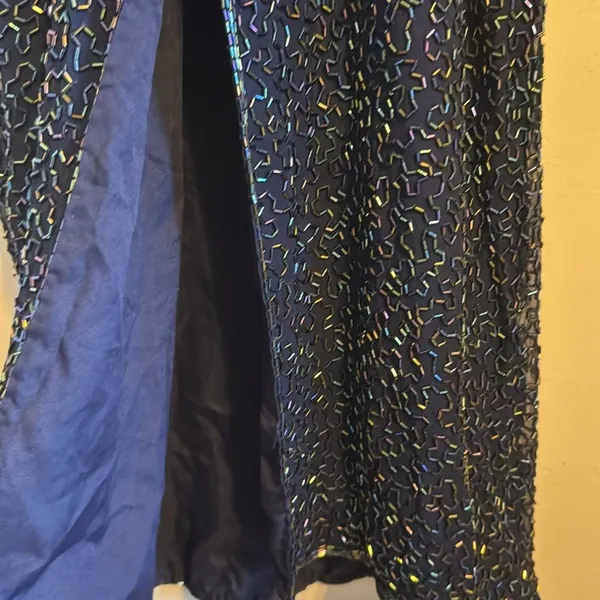 Vtg Laurence Kazar Halter Beaded embellished silk formal gown dress blue gold‎ L - Image 11