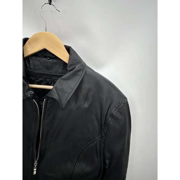 Black Leather Biker Jacket Womens Large Full Zip Quilted Lining Edgy Moto Grunge - Image 3