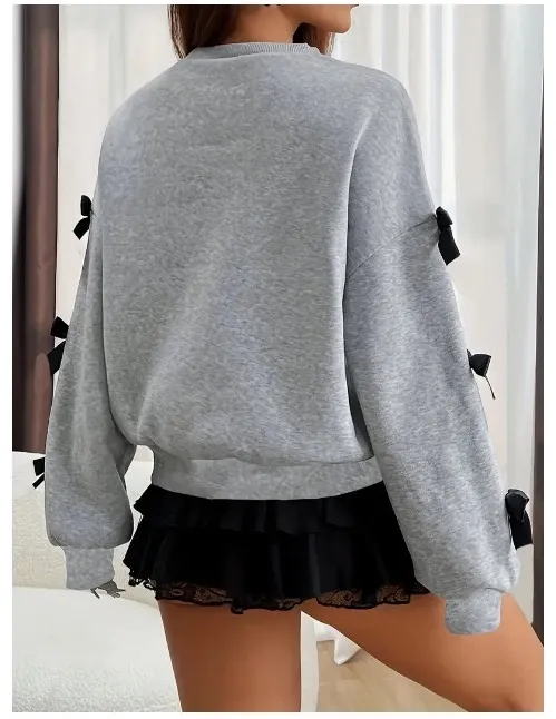 Women's Gray With Black Bows On The Sleeves Long Sleeve Sweatshirt Size XXL - Image 3