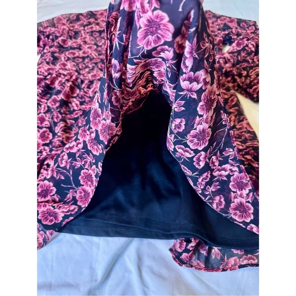 EXPRESS XL Black Mini Dress Black Rose Pink Floral Print Chiffon Flowy Flirty - Image 11