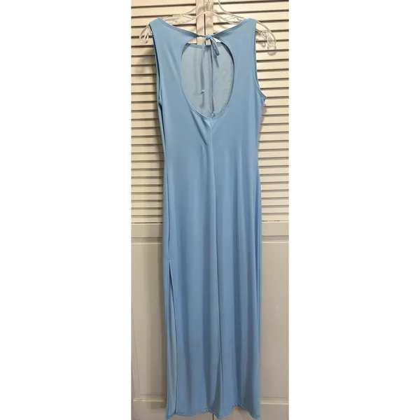 Eye Candy Blue Flower Glitter Open/Tie Back Maxi Dress Size‎ L Sleeveless Slit - Image 4