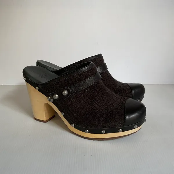 UGG Black Tweed Wooden Clog Mules Heels Women’s Size 9 - Image 3