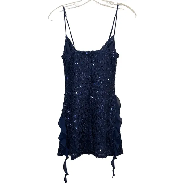 Edikted Sequin Ruffle Cowl Neck Mini Dress Navy Blue Women’s Size Small NWT - Image 6