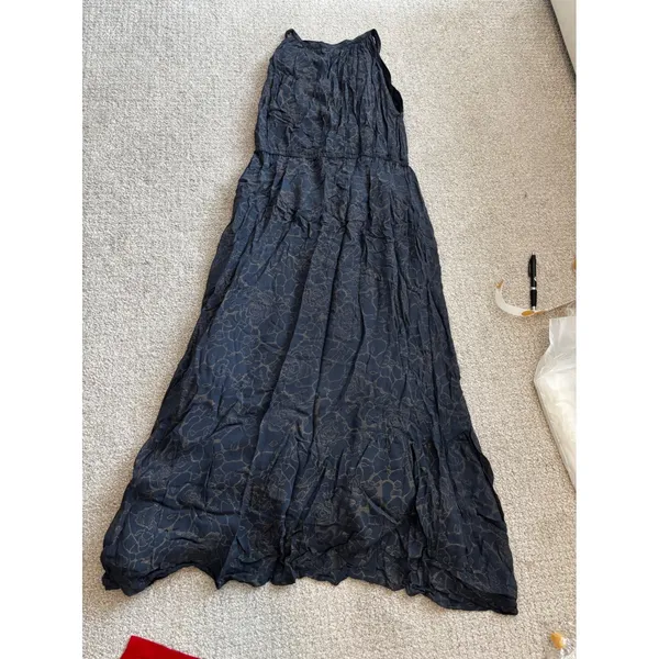 World Market Maxi Dress L/XL Blue Gold Floral Boho Crinkle Sleeveless Tiered - Image 7