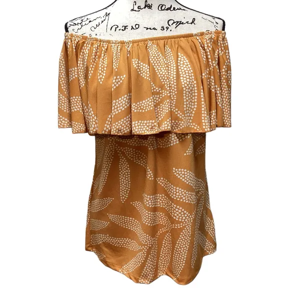 LulaRoe Alana ruffle flounce top. Mustard Gold Cream Palm design Large - Image 7