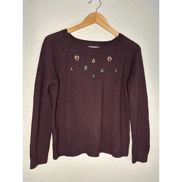Loft Bejeweled Rhinestone Burgundy Plum Sweater Glam Preppy Twee Medium - Image 2