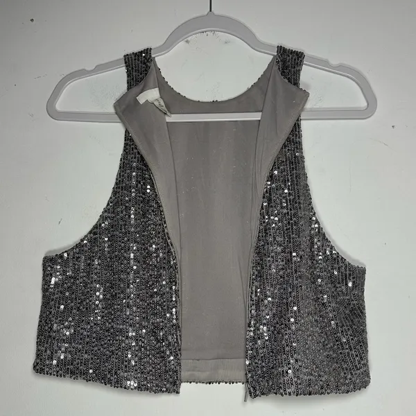 HM Silver Sequin Crop Top High Neck Sleeveless Back Zip Party Tank Large‎ - Image 6