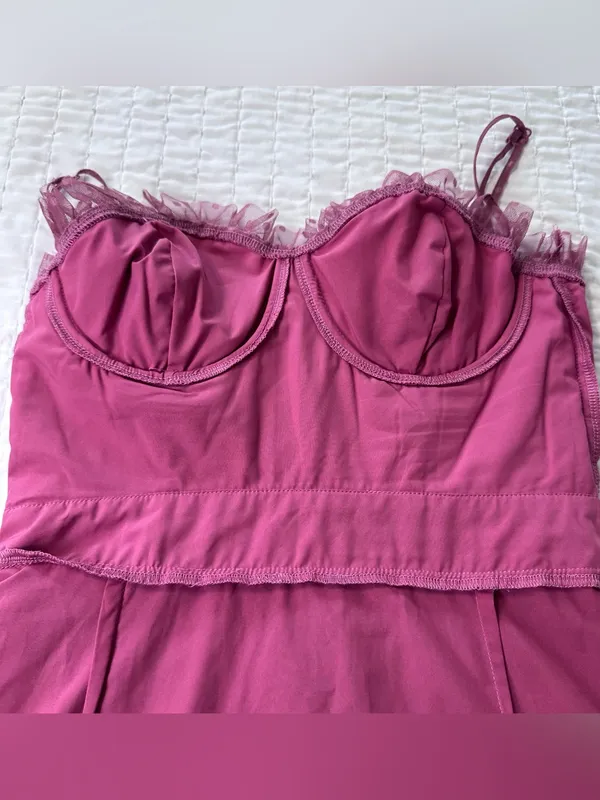 Lulu's Sweetheart Style Mauve Polka Dot Bustier Tiered Midi Dress Size S - Image 14