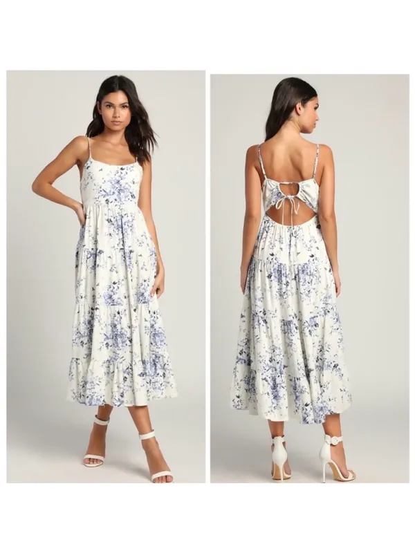 Lulus Mykonos Mood Ivory Floral Print Tie-Strap Tiered Midi Dress S/M? - Image 2
