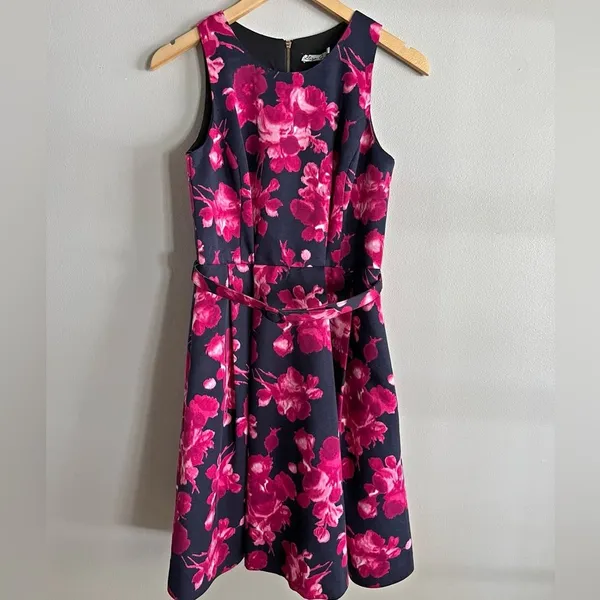 Eliza J Floral Fit & Flare Dress Navy Pink Belted Sleeveless Size 4 - Image 3