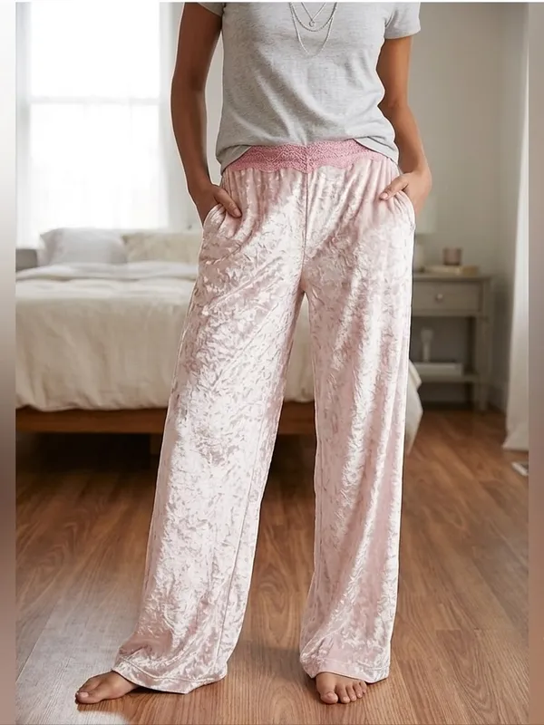 VTG Victoria’s Secret Angels Y2K Pink Crushed Velvet Lace Trim Wide Leg Medium - Image 2