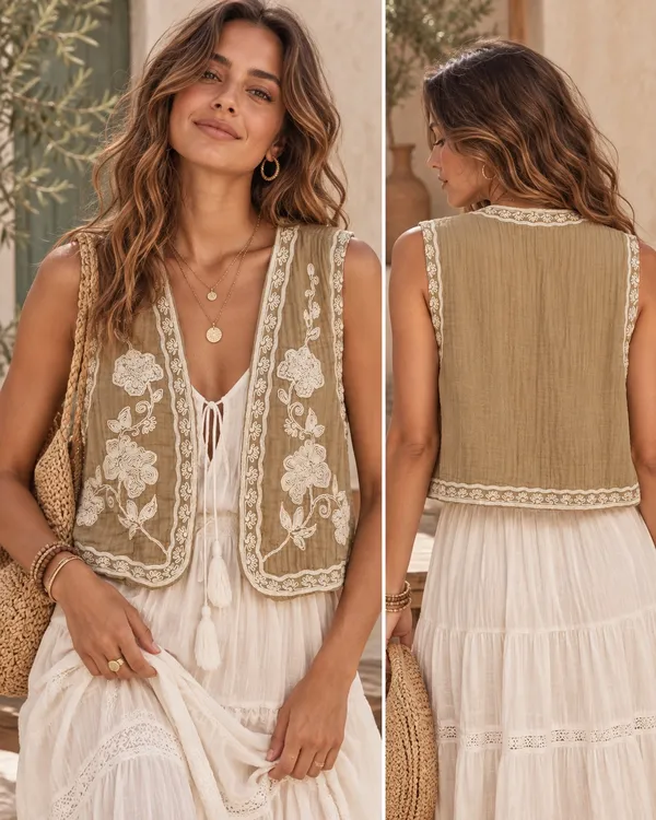ZARA Embroidered Floral Boho Vest Tan Bohemian Cottagecore Festival Romantic M - Image 2