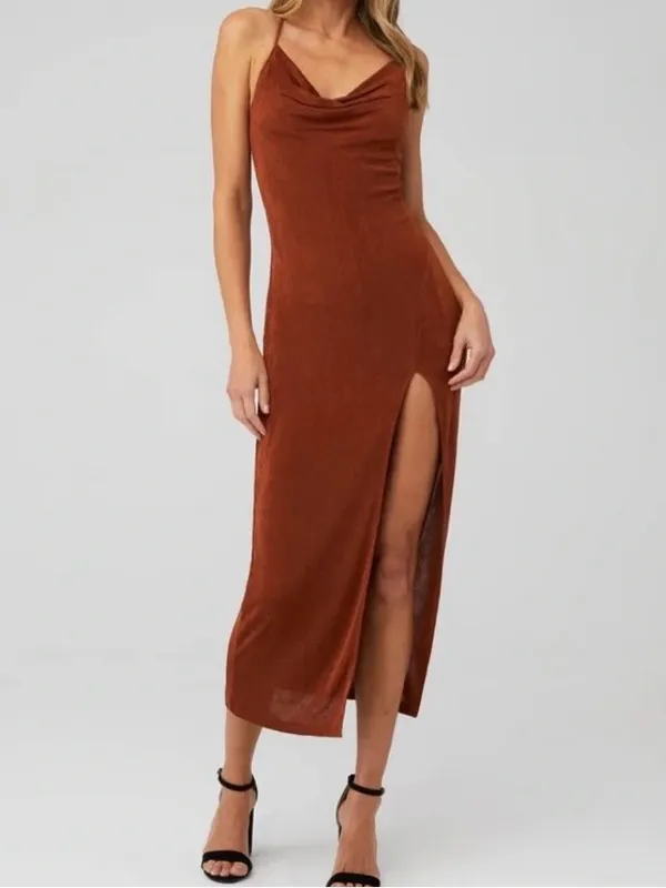 Cowl-Neck Midi Slip Dress in Rust Brown - Image 5