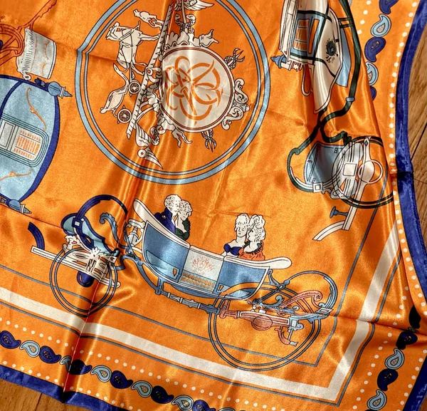 Vintage Equestrian HORSE&CARRIAGE print orange/blue oversized silky Scarf 35/35 - Image 16