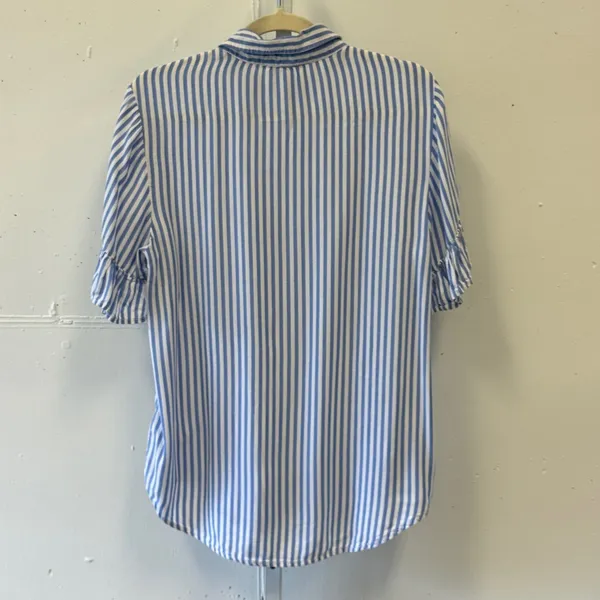 Beachlunchlounge Blue White Striped Ruffle Sleeve Button Down Shirt Womens Med - Image 2