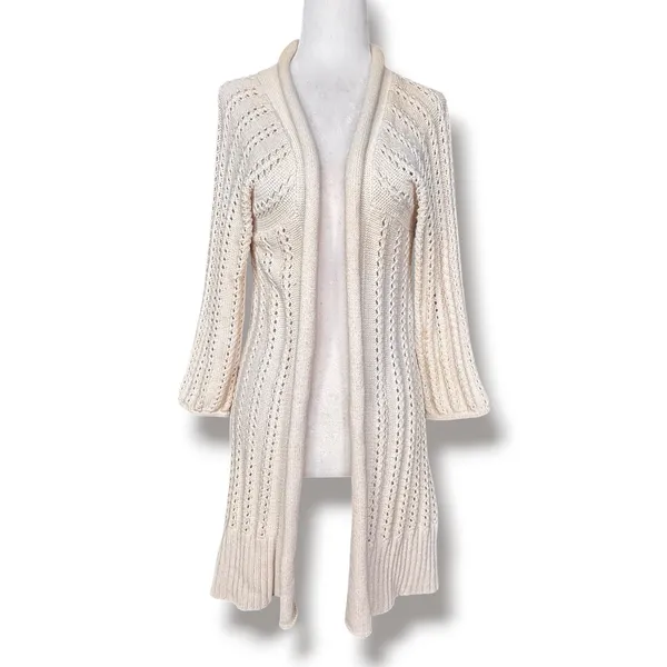 Fossil Cream Pointelle Knit Longline Open Front Duster Cardigan Casual Layer - Image 11