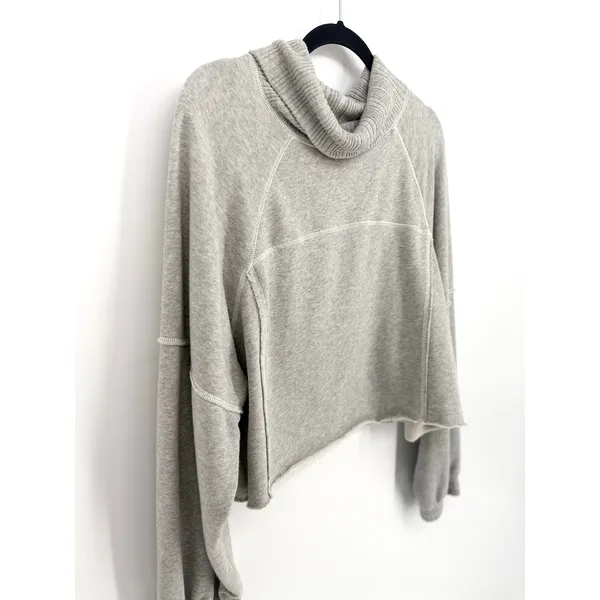 Aerie Women Large Grey Cowl Neck Cropped Sweatshirt Pullover Exposed Seam Fleece - Image 2