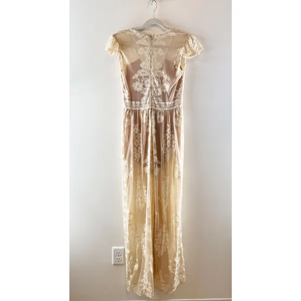 For Love & Lemons Violetta Embroidered Mesh Lace Maxi Dress Nude Ivory White L - Image 6