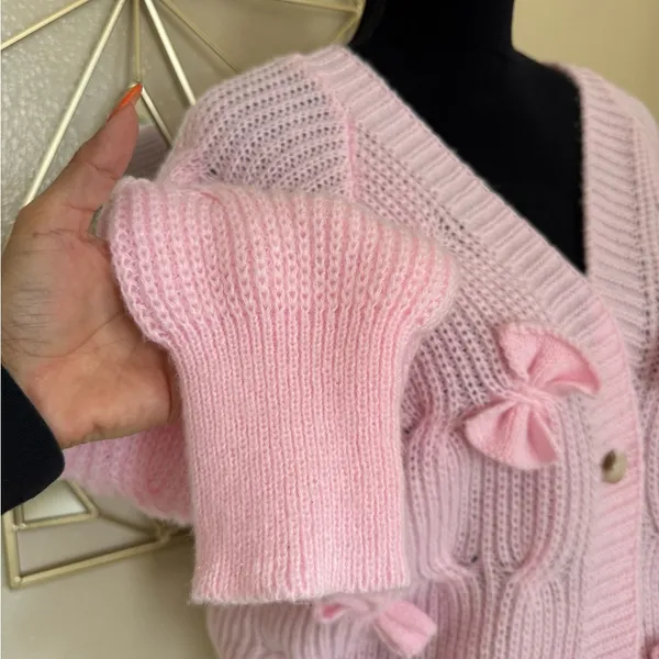Pink Bow Knit Cardigan Sweater Coquette Cottagecore Oversized XL - Image 4