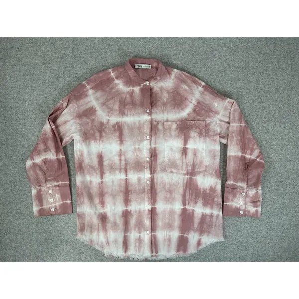 Zara Oversized XS Top Pink‎ White Tie Dye Button Down Long Sleeve Frayed Hem - Image 2
