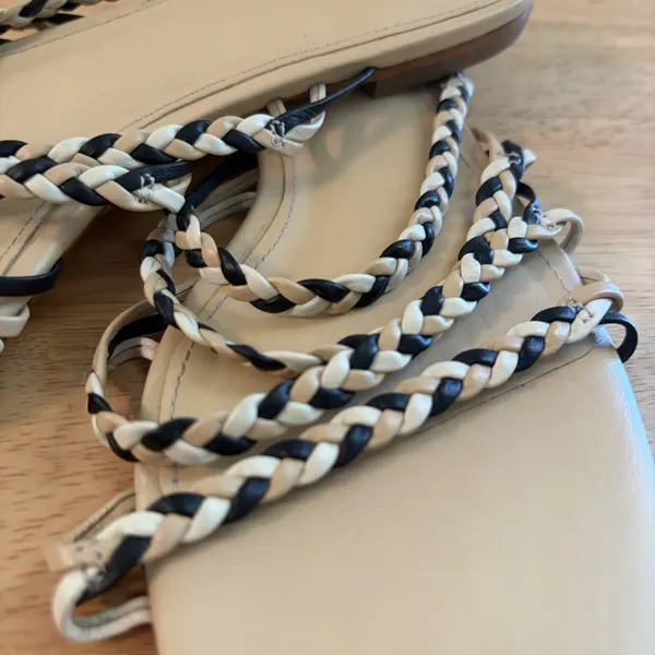 Larroudé Ibiza flat mules in multi-neutral‎ leather 6.5 Tan Black Brown Braided - Image 4