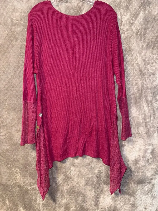 World Unity Burgundy Ribbed Knit Handkerchief Side Lace-Trim Tunic Top - Image 10
