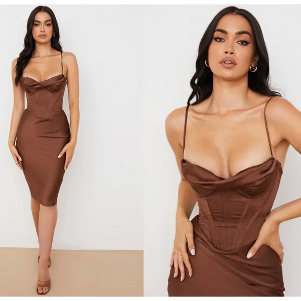 HOUSE OF CB S D-DD 'Myrna' Chocolate Satin‎ Corset Slip Dress NWOT - Image 2