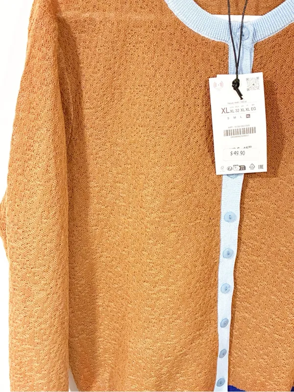 Zara Brown Textured Colorblock Cardigan Sweater Size XL NEW - Image 2