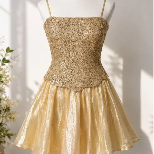 Carmen Marc Valvo Y2K 90s Champagne Gold Whimsy‎ Fairycore Festival Embroidered Corset Dress S - Image 3
